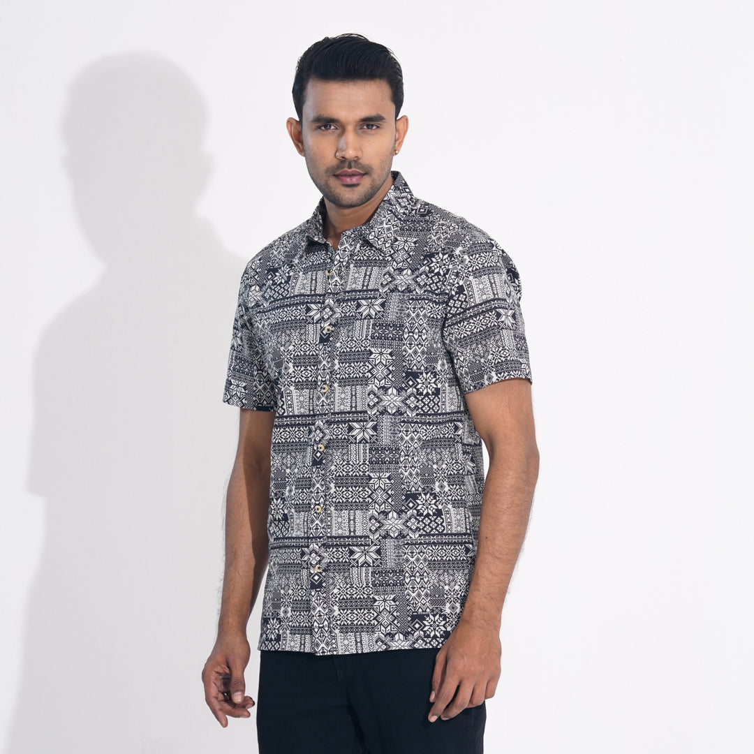 Mens Black Printed Cotton Shirt