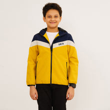 Load image into Gallery viewer, Boy&#39;s Mustard &amp; Navy Hooded Windbreaker
