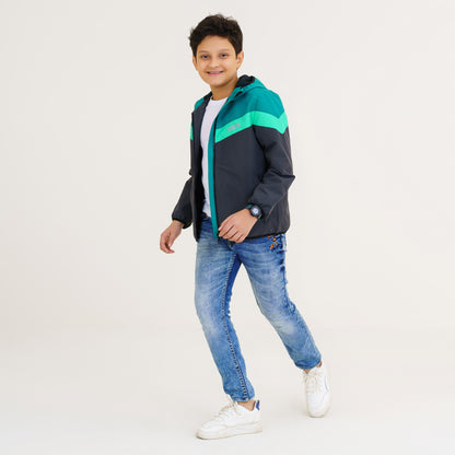 Boys Gray & Green Hooded Windbreaker