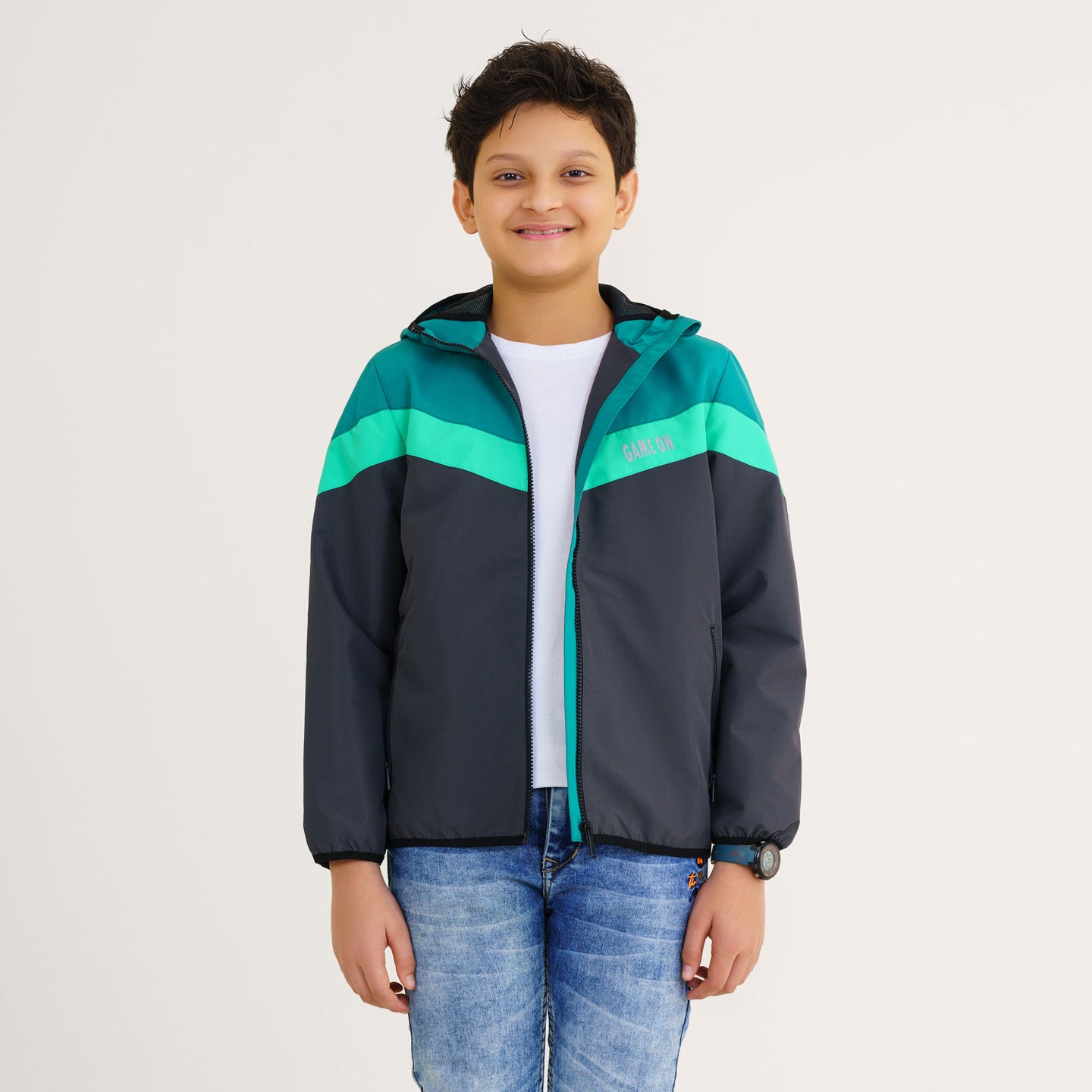 Boy's Gray & Green Hooded Windbreaker