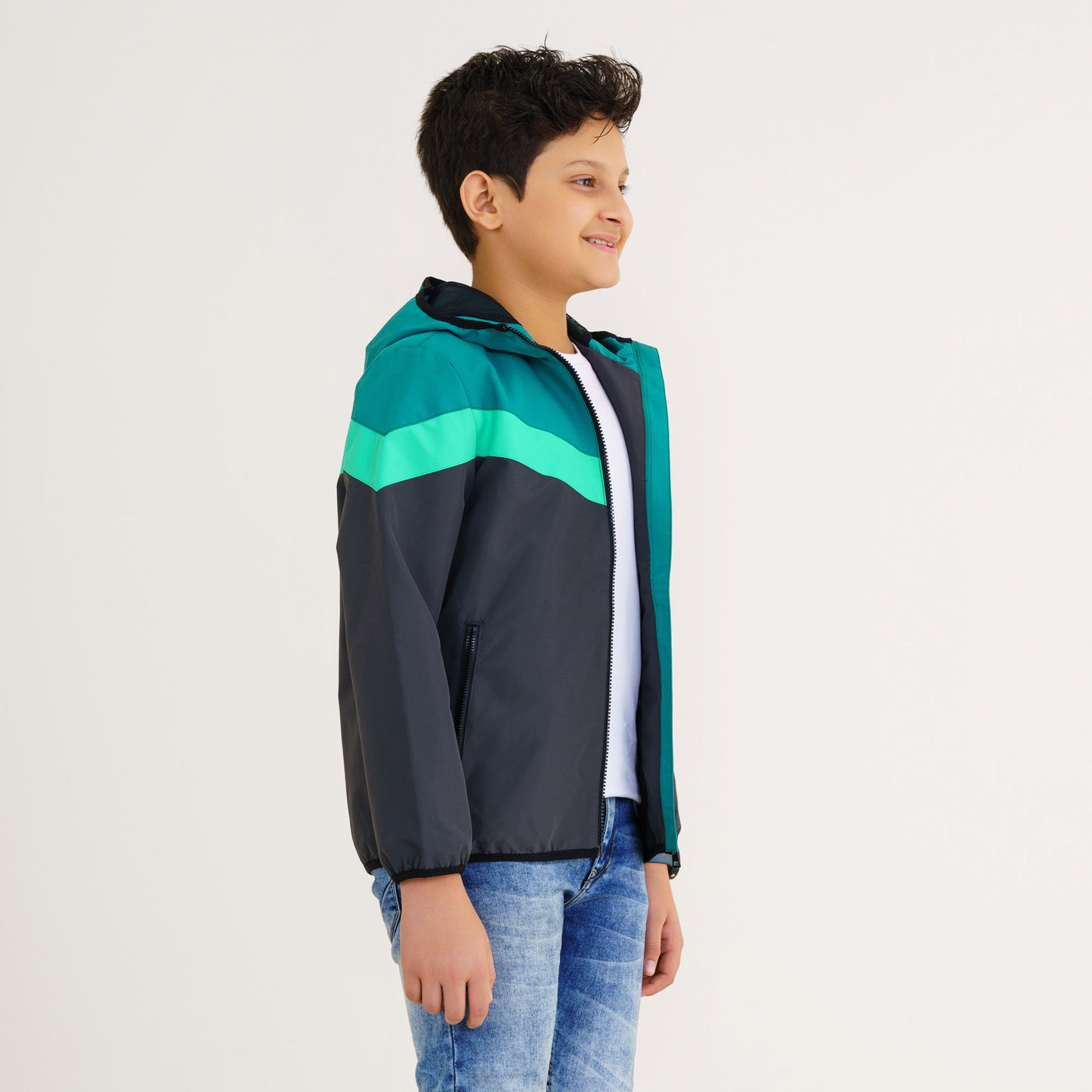 Boys Gray & Green Hooded Windbreaker