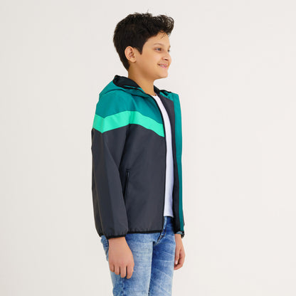 Boys Gray & Green Hooded Windbreaker