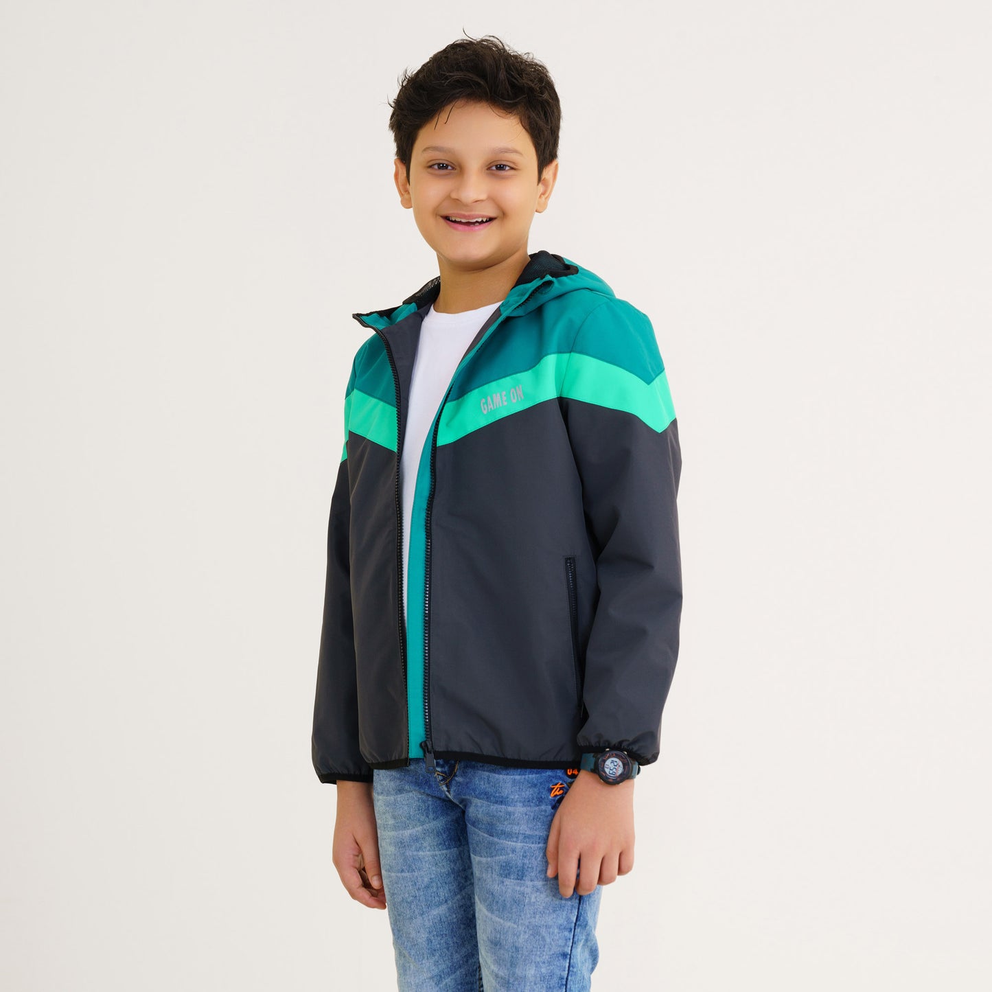 Boys Gray & Green Hooded Windbreaker