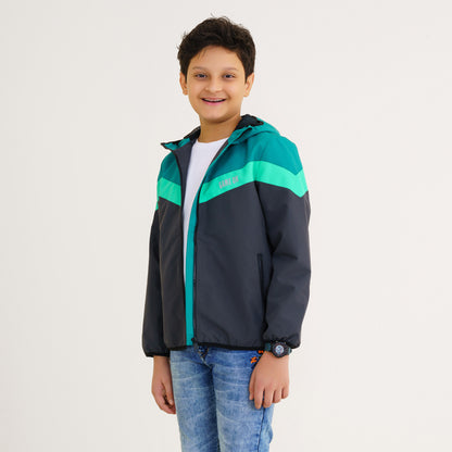 Boys Gray & Green Hooded Windbreaker