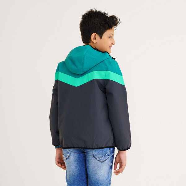 Boys Gray & Green Hooded Windbreaker