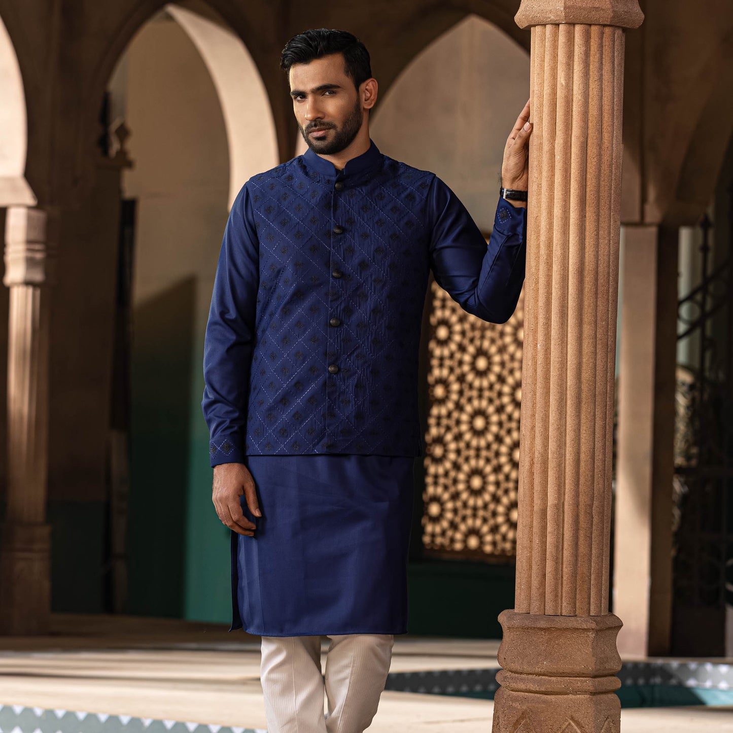 Mens Navy Embroidered 2-Piece Set