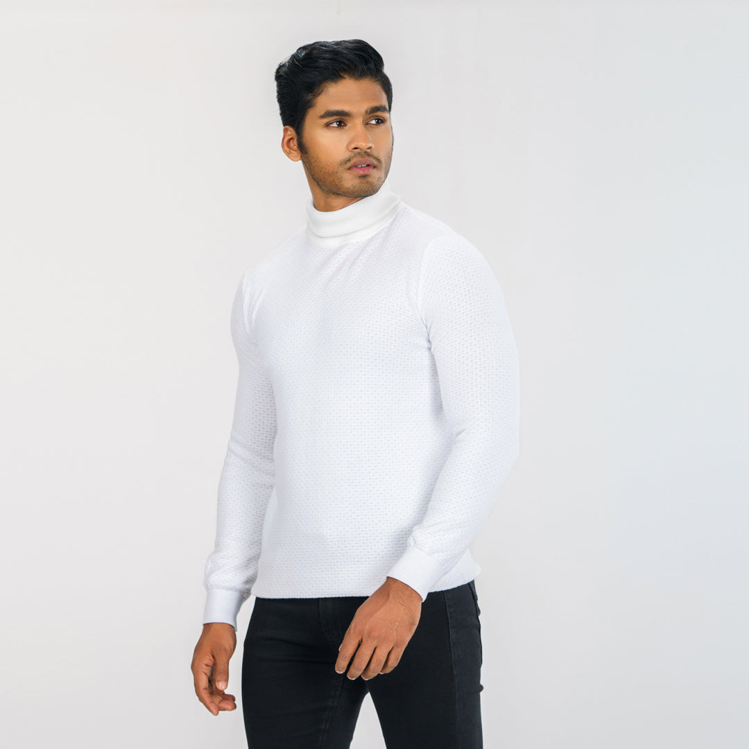 Mens White High Neck Pullover