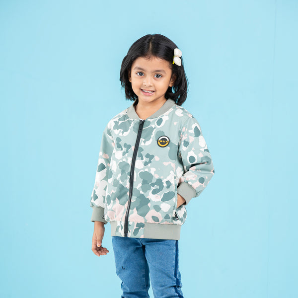 Baby Girls Bomber- Green/White Aop