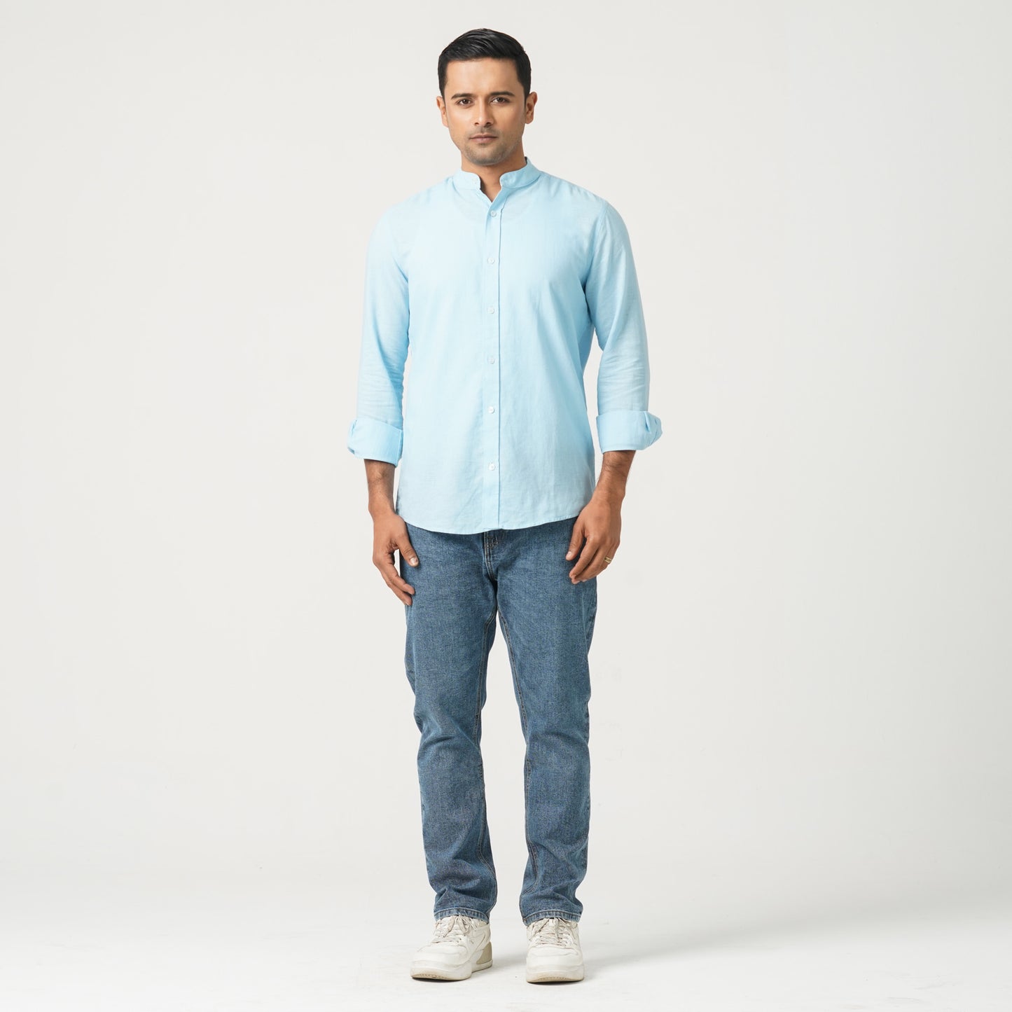 Men’s Linen Blended Band Collar Shirt
