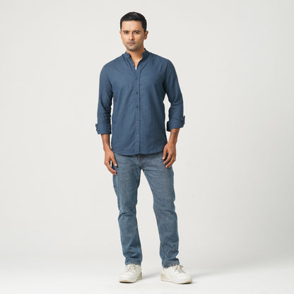 Men’s Linen Blended Band Collar Shirt