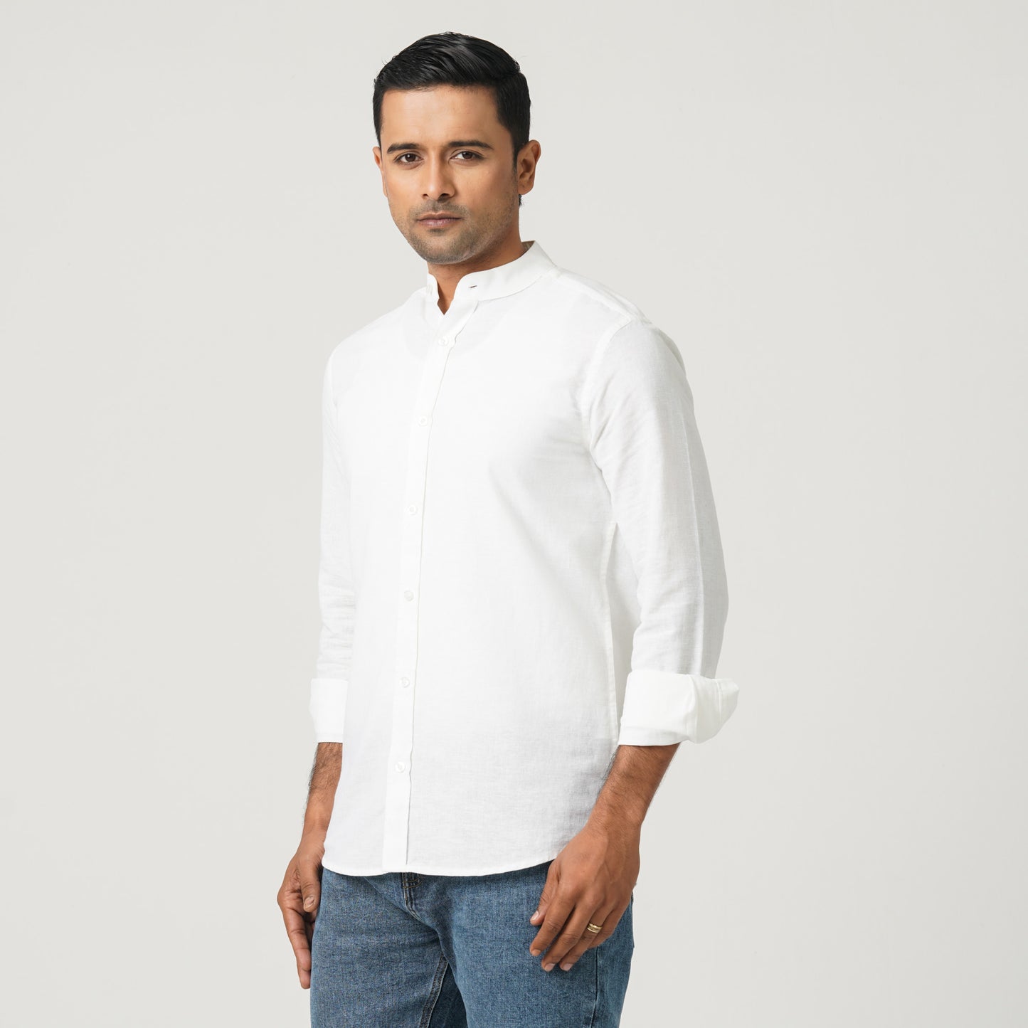 Men’s Linen Blended Band Collar Shirt