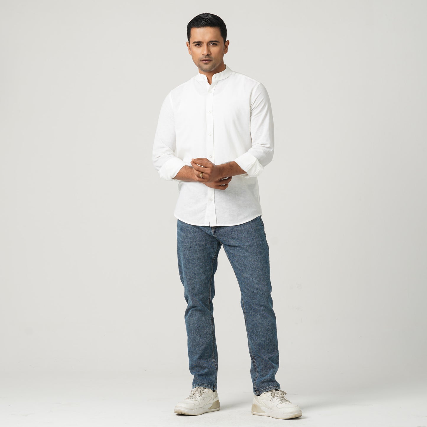 Men’s Linen Blended Band Collar Shirt