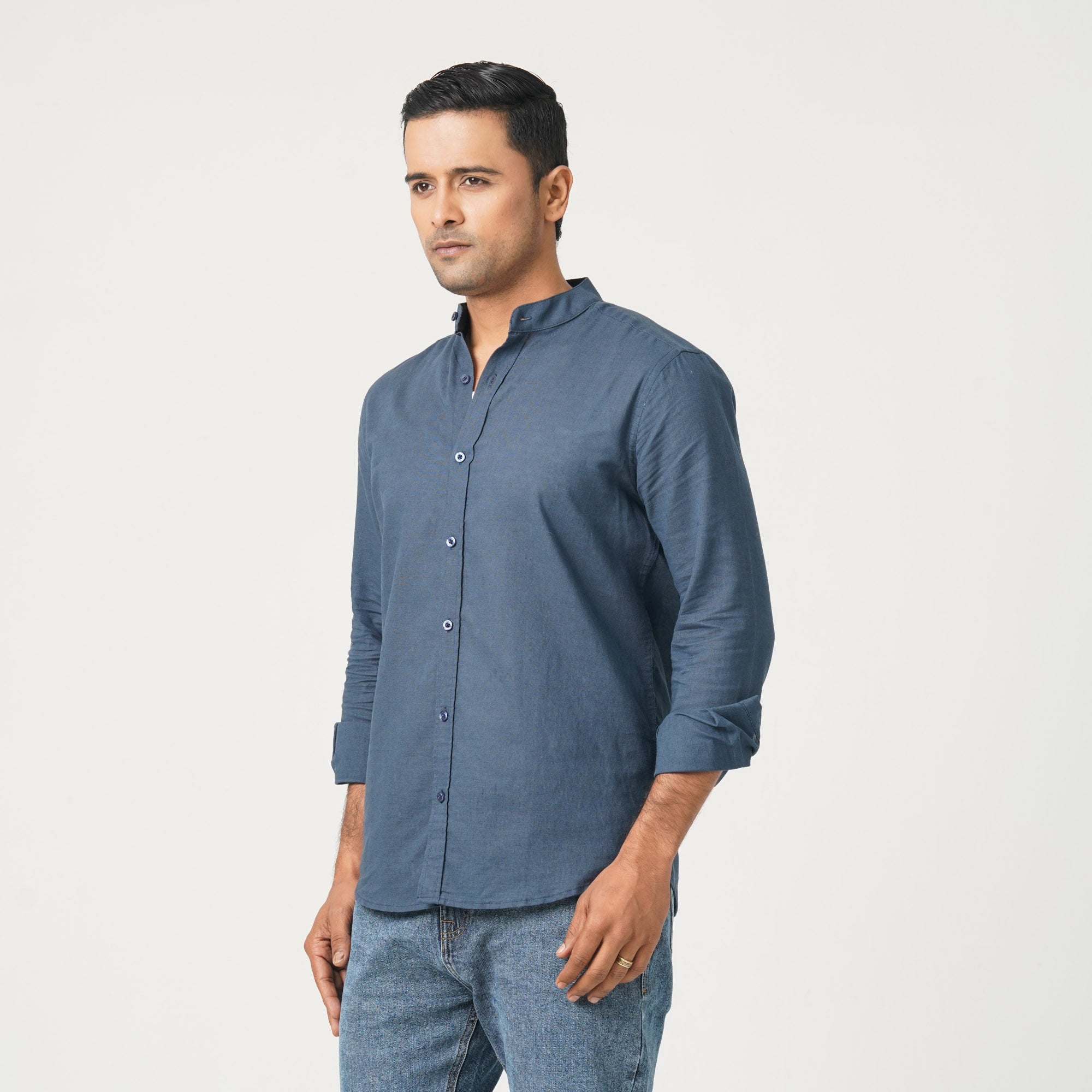 Men's Linen Blended Band Collar Shirt – TwelveBd