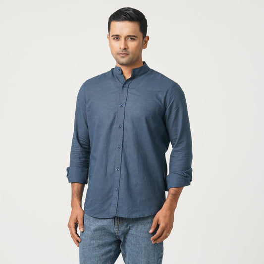 Men’s Linen Blended Band Collar Shirt