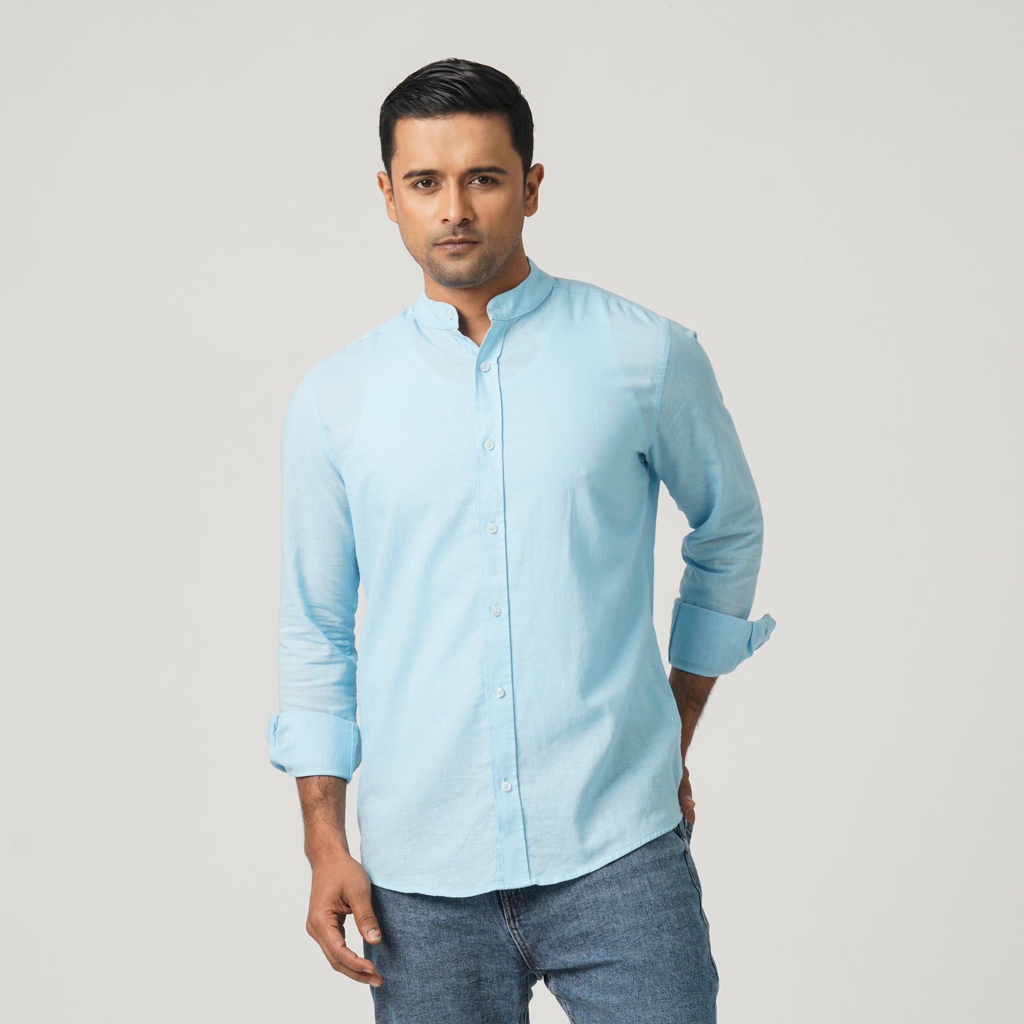 Men’s Linen Blended Band Collar Shirt