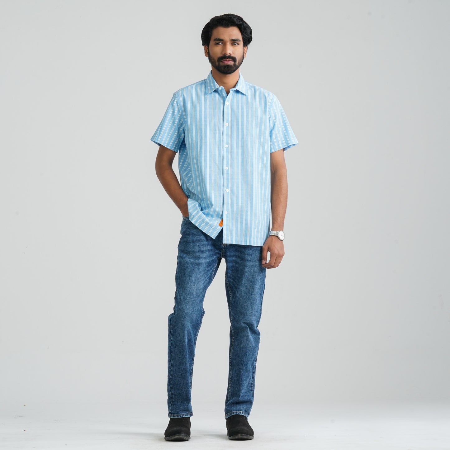 Men's Sky & White Cotton Shirt