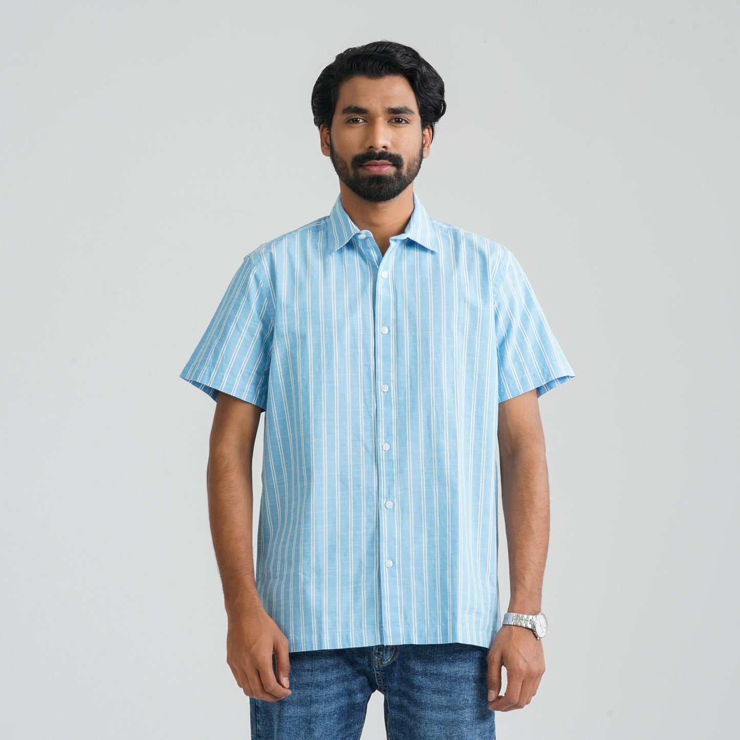 Men's Sky & White Cotton Shirt