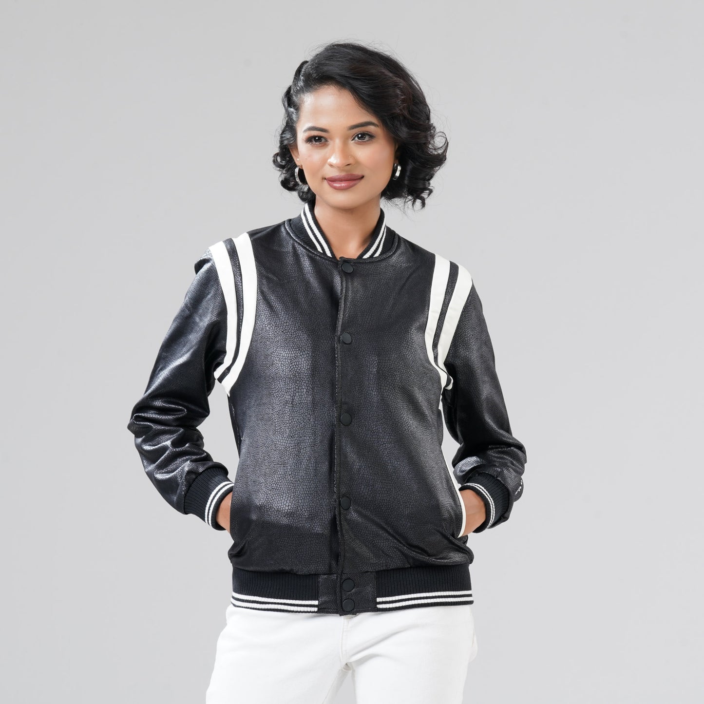 Women's White & Black PU Jacket