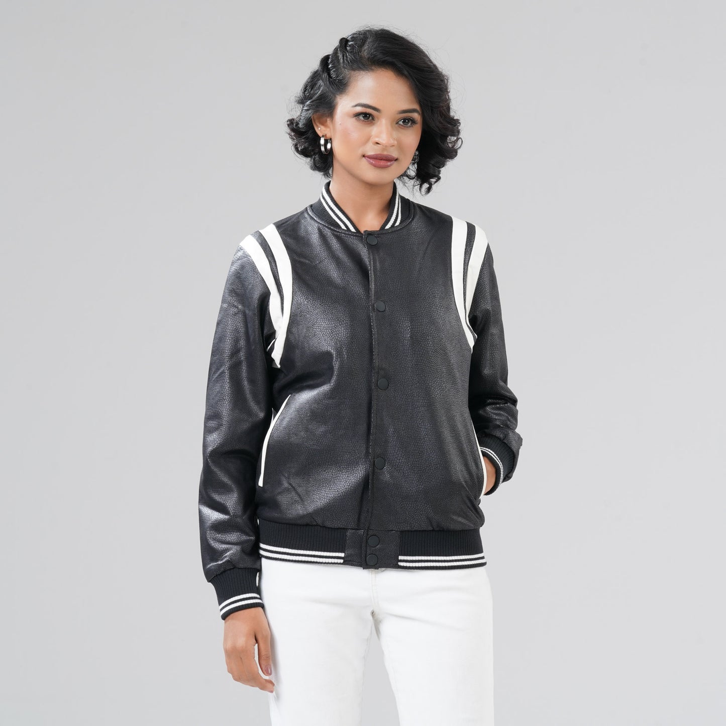 Women's White & Black PU Jacket