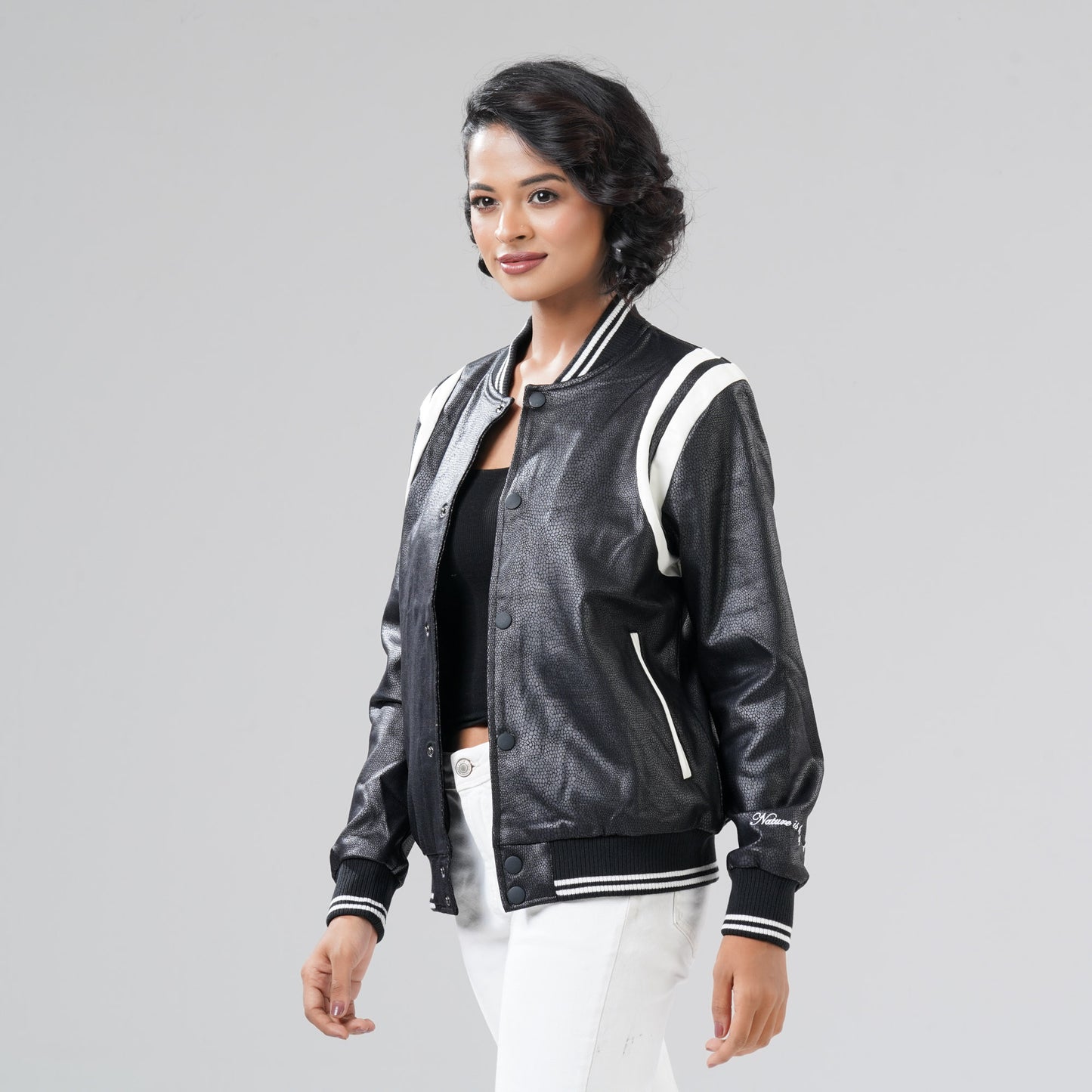 Women's White & Black PU Jacket