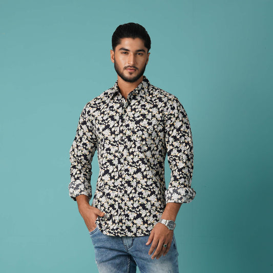 Mens Navy & Yellow L/S Shirt