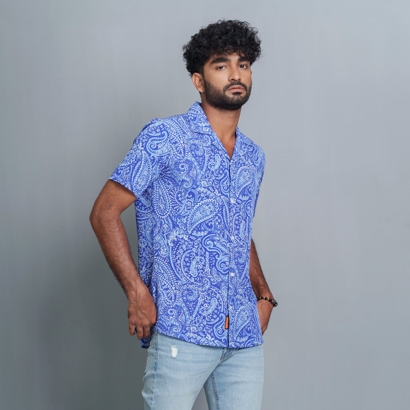 Mens Short Sleeve Shirt- Blue/White