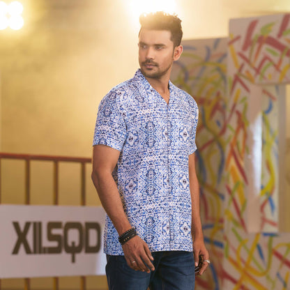 Mens Blue-White Cuban Shirt