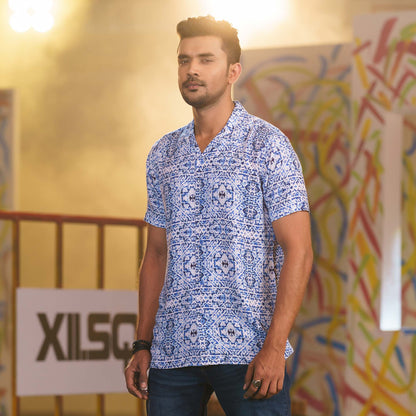 Mens Blue-White Cuban Shirt