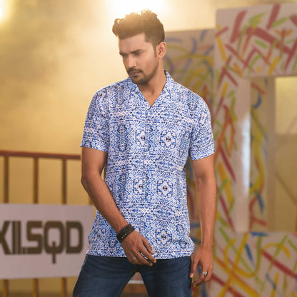Mens Blue-White Cuban Shirt