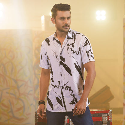Mens White-Black Print Shirt