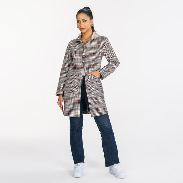 Womens Cream & Black Check Trench Coat