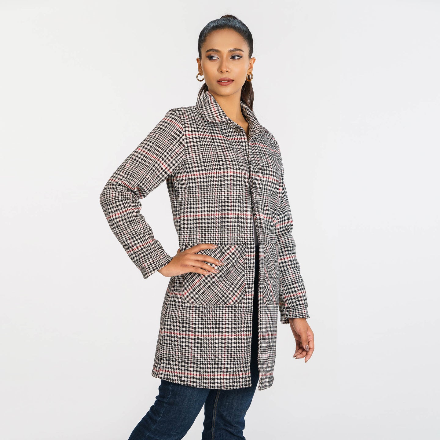 Womens Cream & Black Check Trench Coat