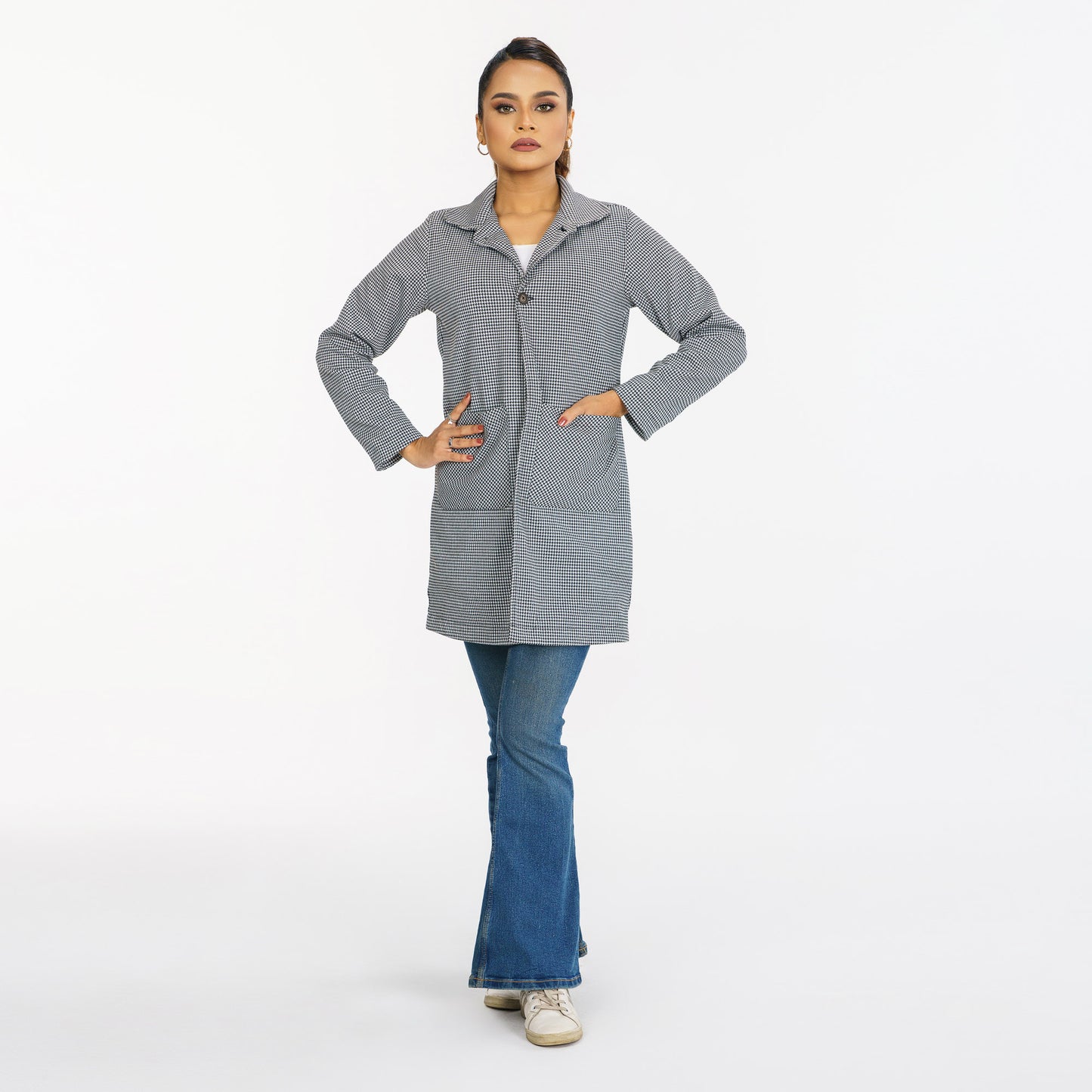 Womens Black & White Check Trench Coat