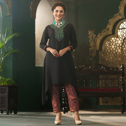 Women Black Embroidered Ethnic Set