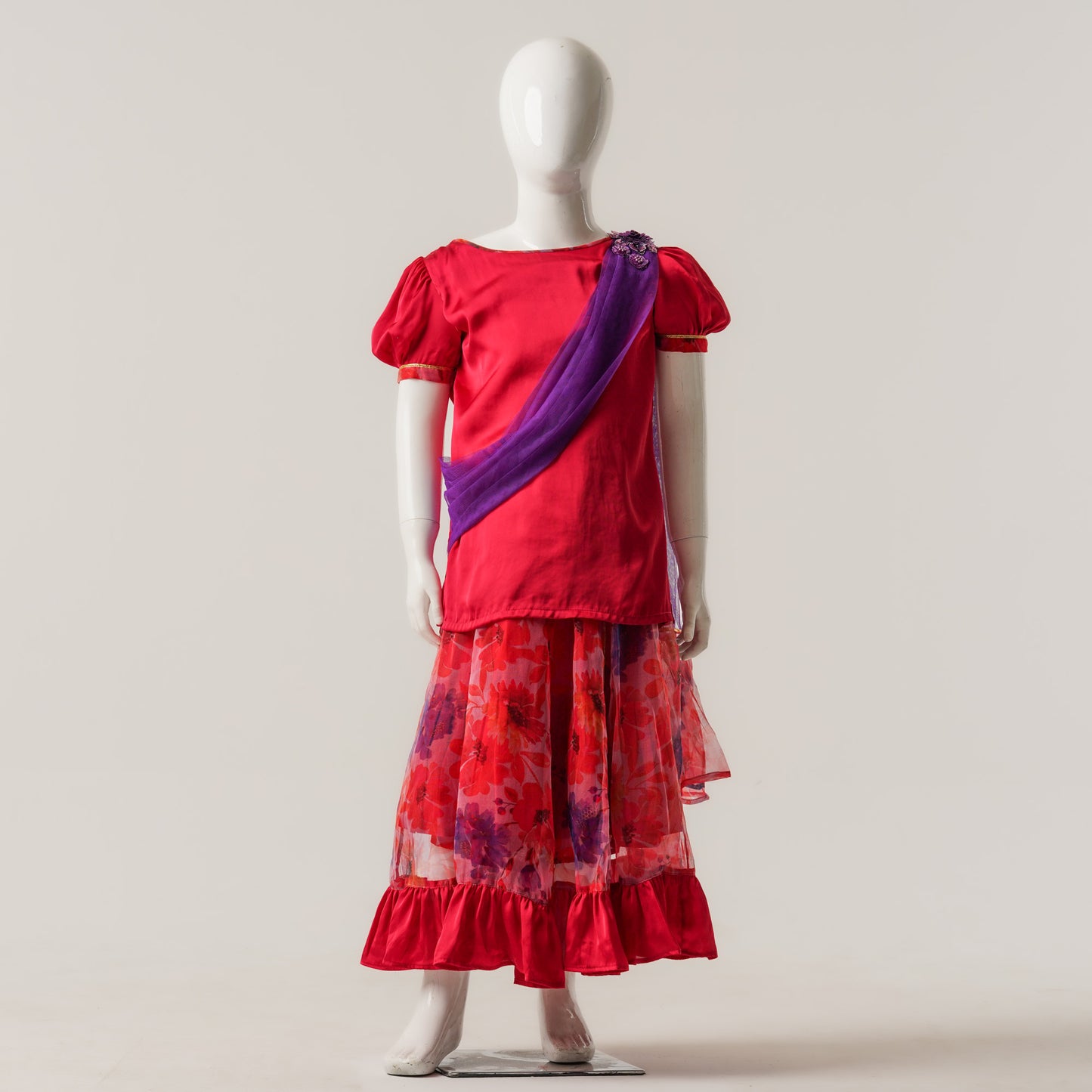 Girls Red Printed Three Piece Set