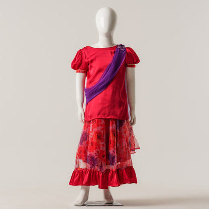 Girls Red Printed Three Piece Set