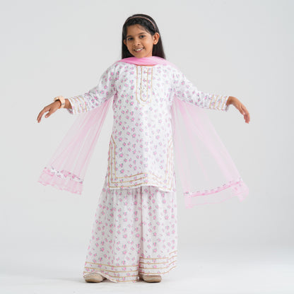 Girl’s White Print Cotton Three Piece Set