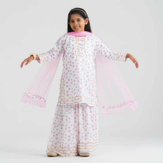 Girl’s White Print Cotton Three Piece Set