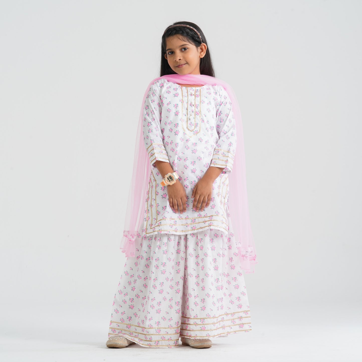 Girl’s White Print Cotton Three Piece Set