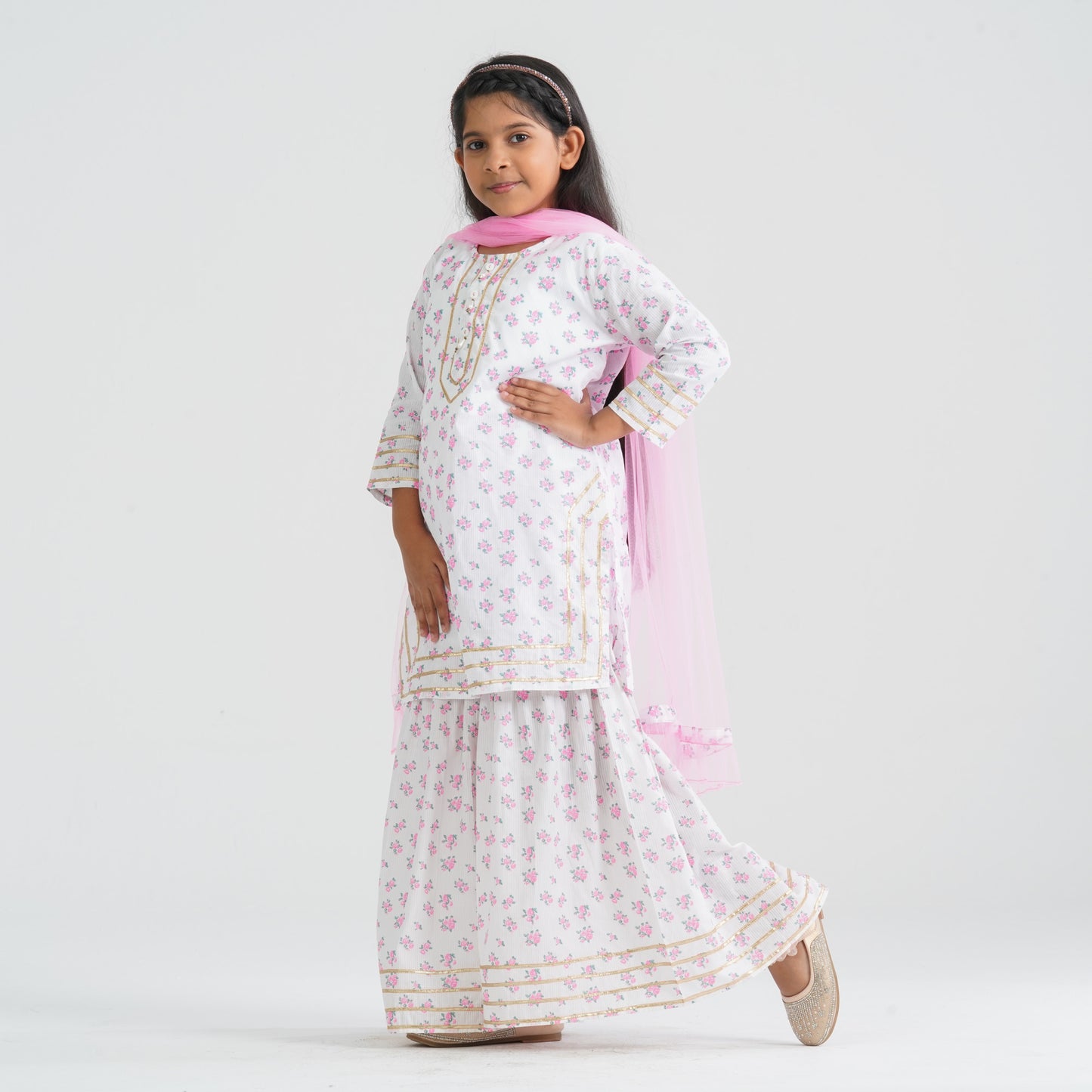 Girl’s White Print Cotton Three Piece Set