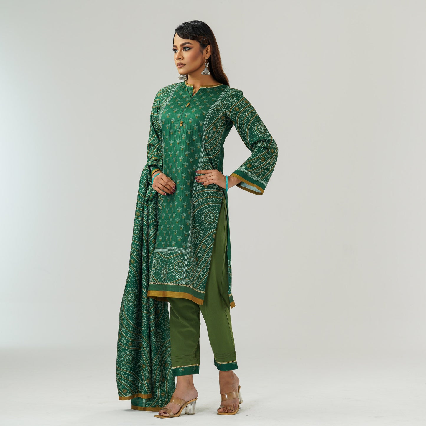 Womens Green Printed Three Piece  Set