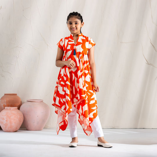 Girls Frock-Orange Print