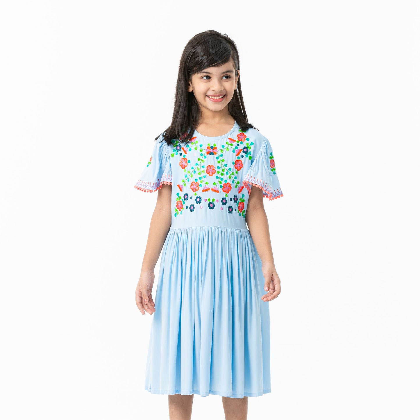 Girls Sky Blue Embroidered Frock