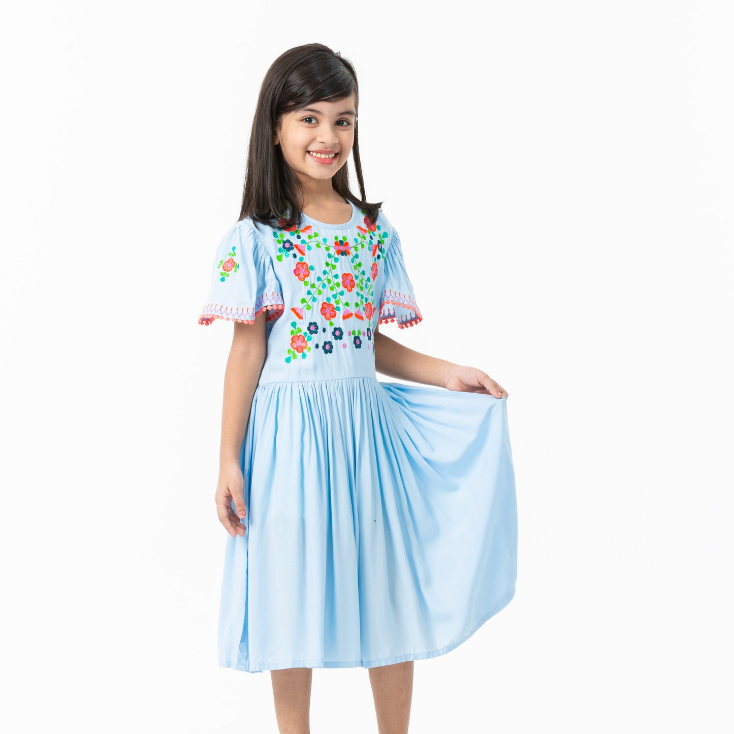 Girls Sky Blue Embroidered Frock