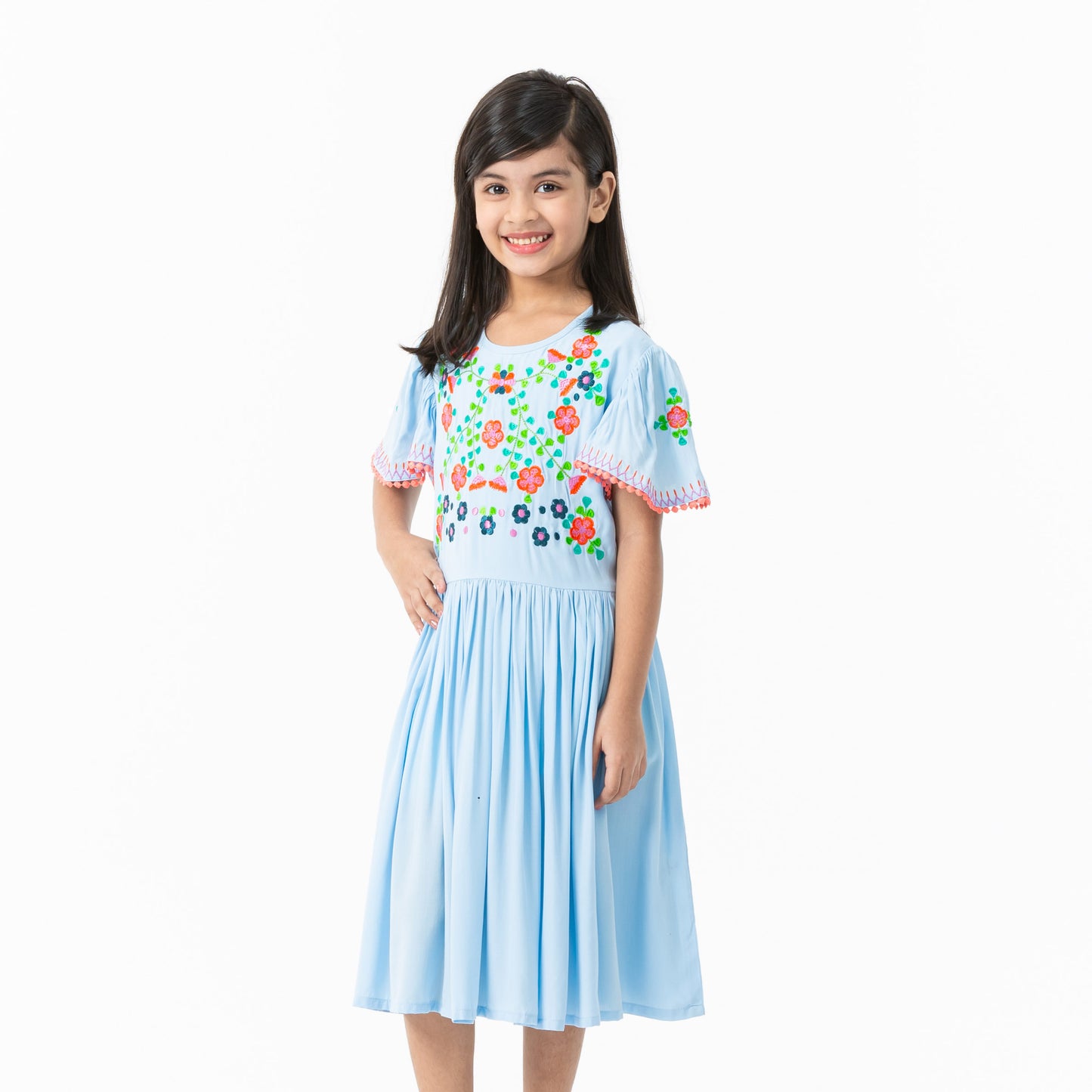 Girls Sky Blue Embroidered Frock