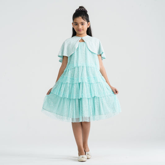 Girls Aqua Glitter Gown with Jacket