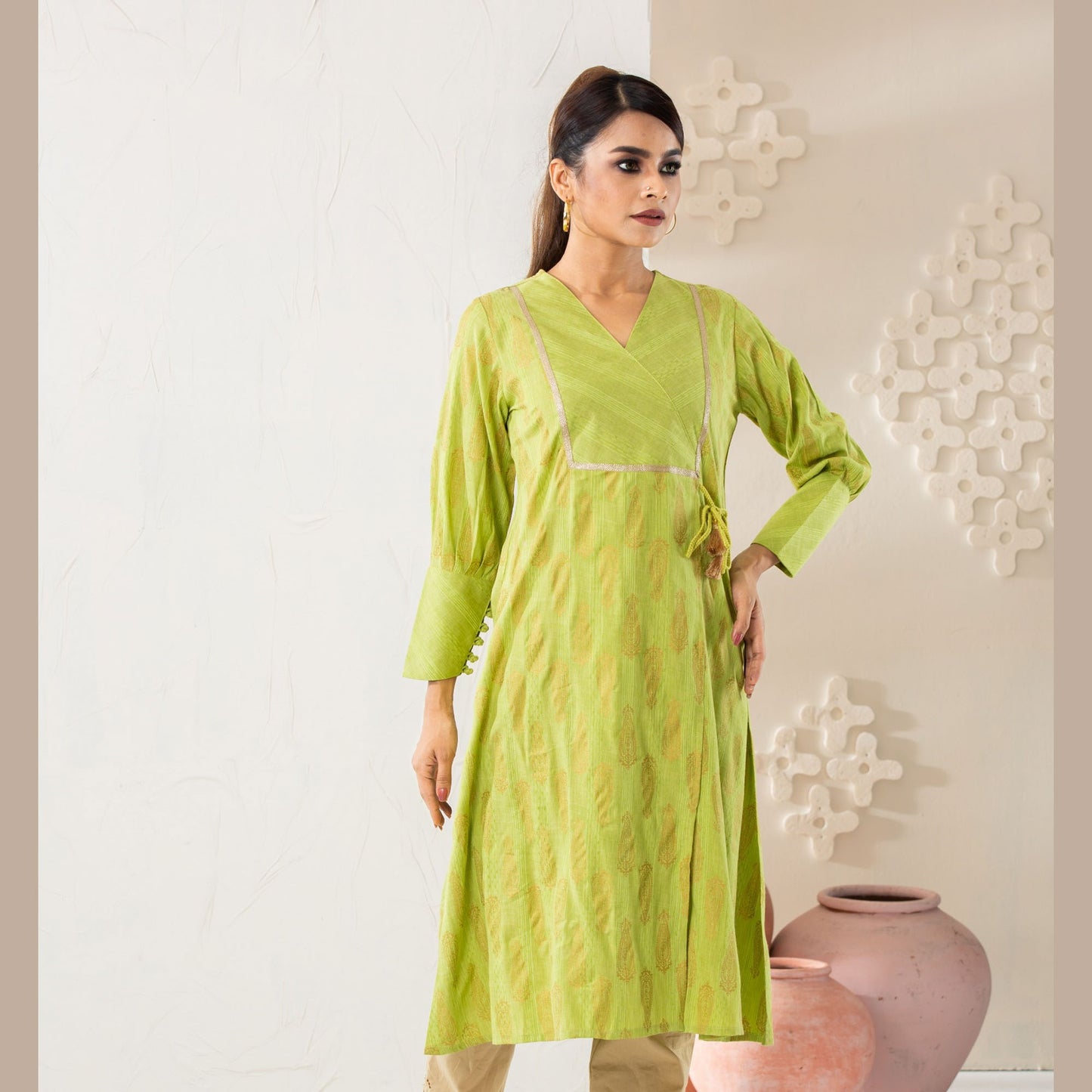 Women Neon Green Cotton Kurti