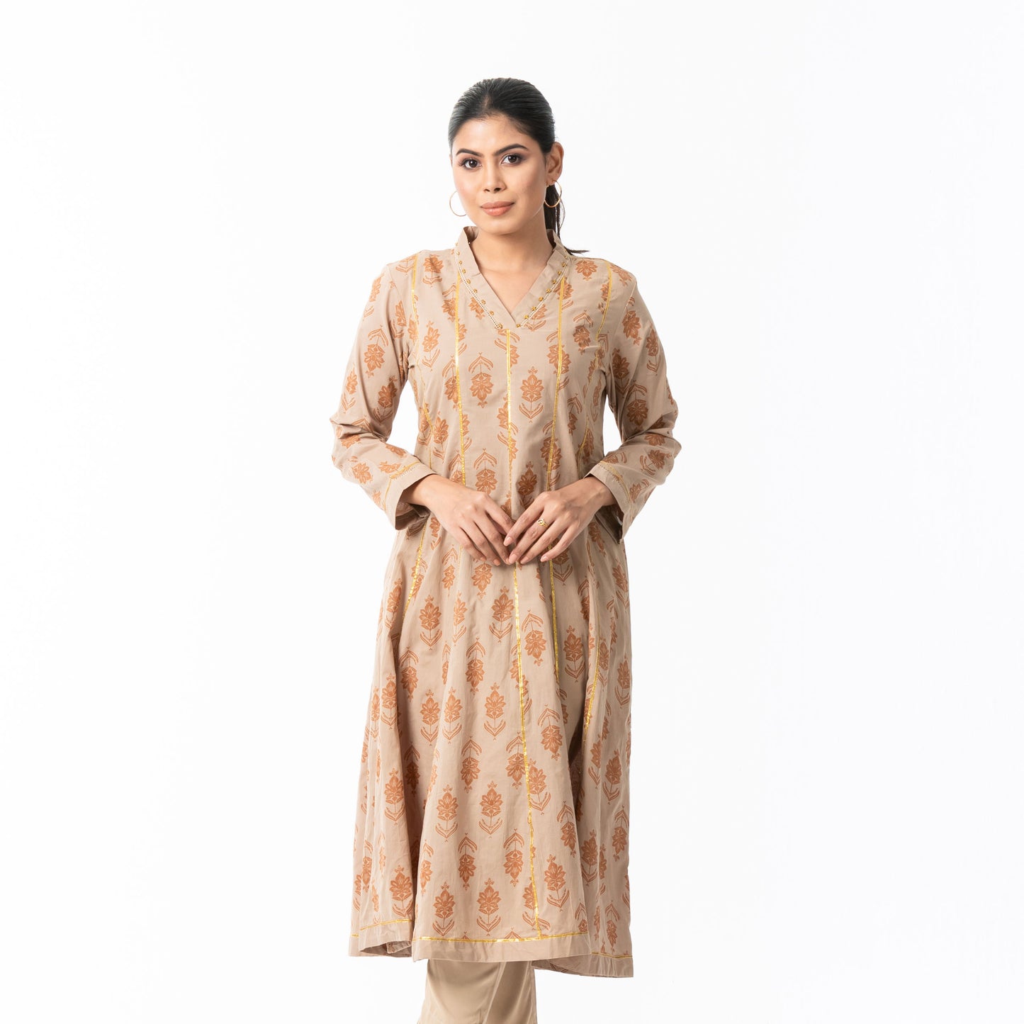 Women Tan Beaded Kurti