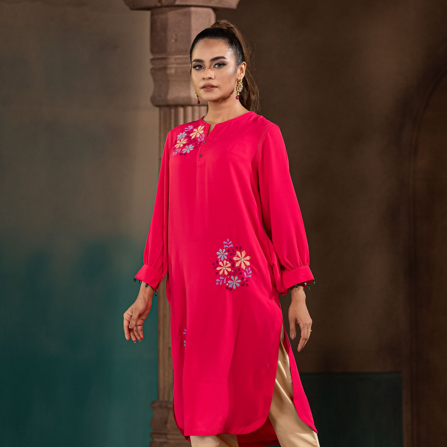 Women Magenta Embroidered Kurti