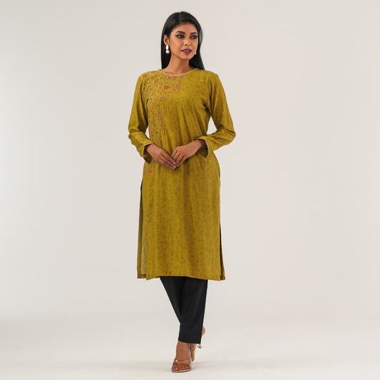 Womens Olive Embroidered Kurti